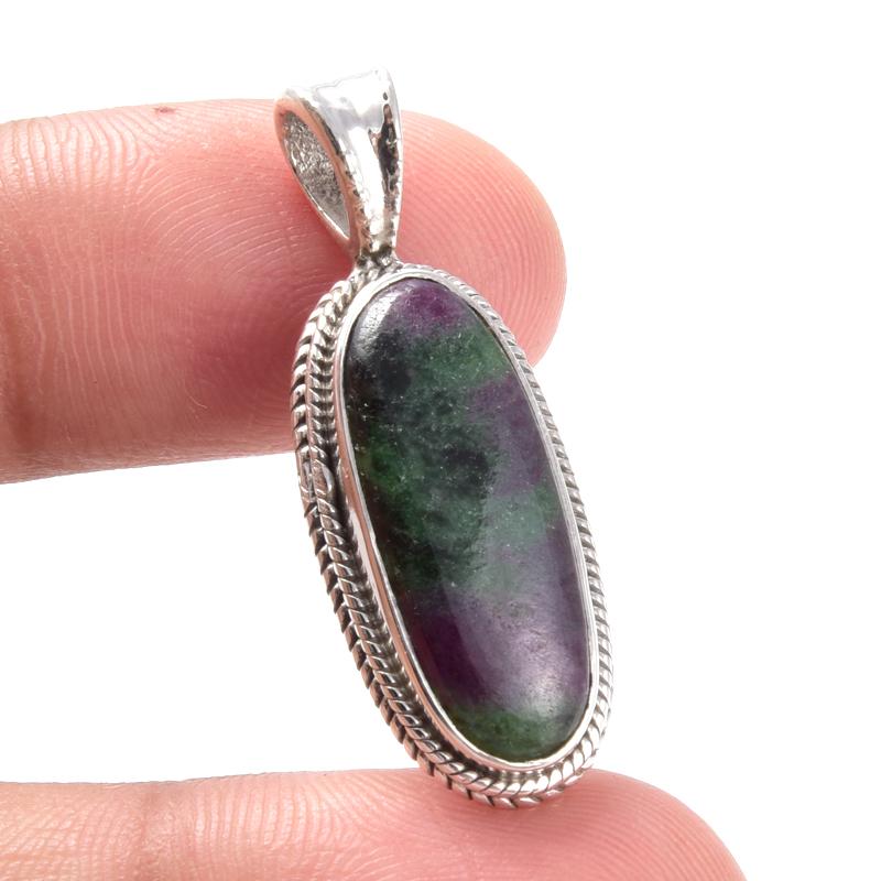 Rubino in Zoisite Fatto a Mano Creato in Laboratorio Argento Sterling 925 Ciondolo Regalo 1.3" U1Y04