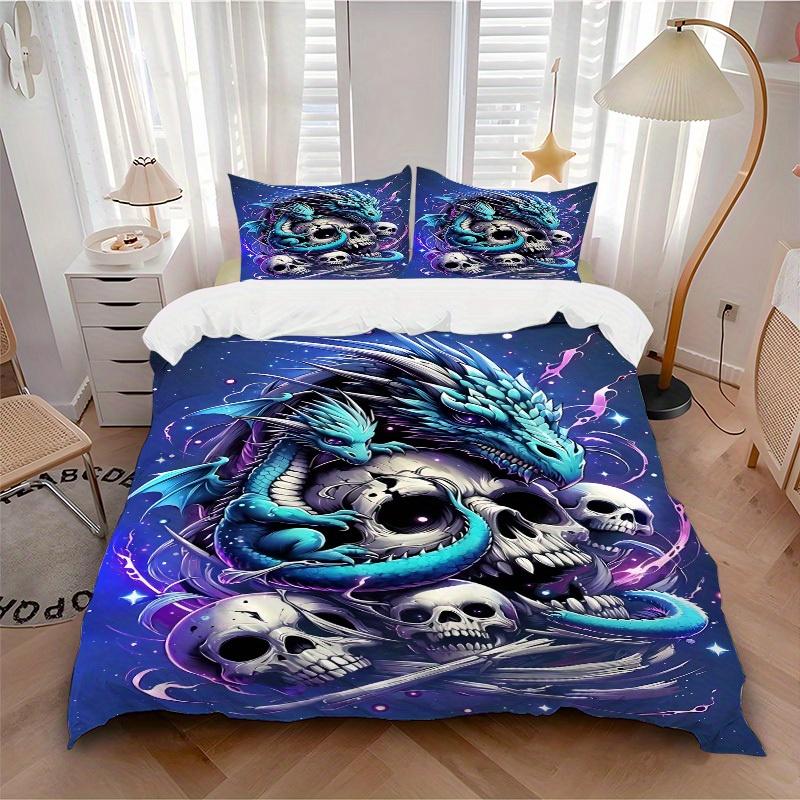 

3pcs Dragon Skulls Bedding Cover Set, Fashion Classic Popular Print Bedding Set, Soft Comfortable, All - Season Use, For Bedroom, Guest Room187 135x200cm