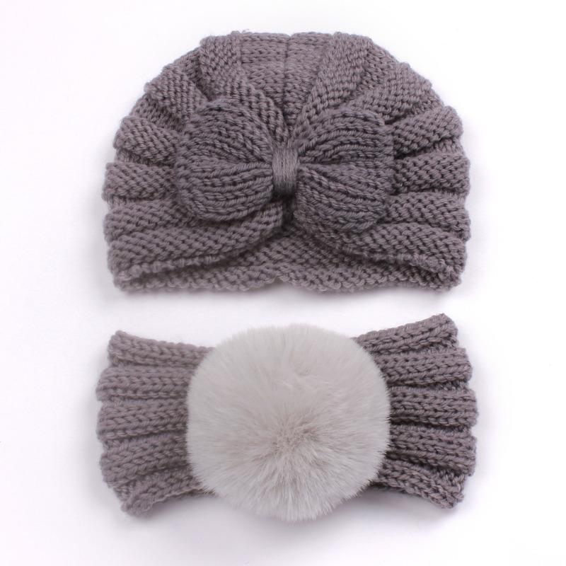 New children's winter warm headscarf hat set, baby bow pullover hat, baby headband