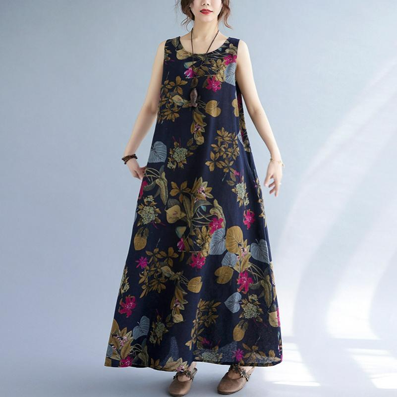 Long Skirt Plus Size Women's Summer Retro Ethnic Style Loose Printed Sleeveless Cotton and Linen Long Pullover Vest Dress