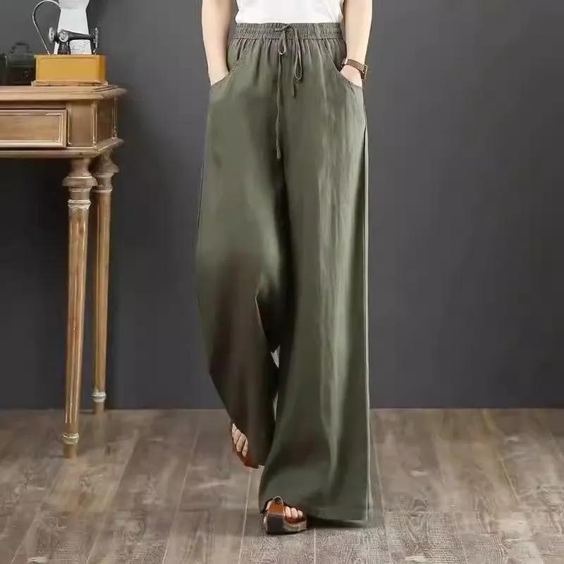 Pantalon ample en coton et lin pour femme, taille haute, coupe droite, printemps et été