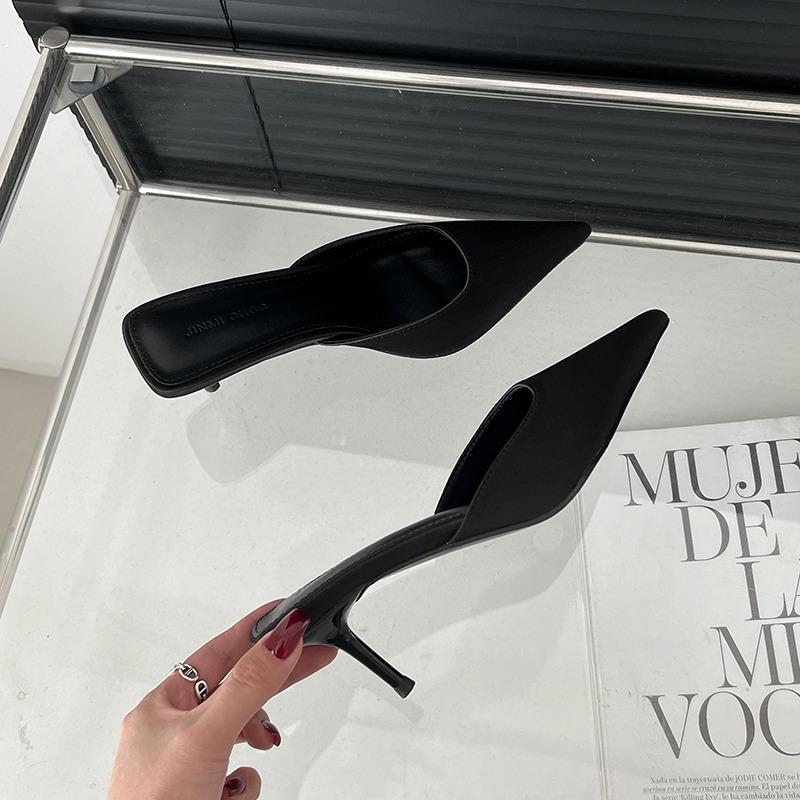 Luxury Black Fashion Concise Pointed Toe High Heel Shoes Women Slippers Thin Low Heels Casual Party Pumps Slide Mules Shoes