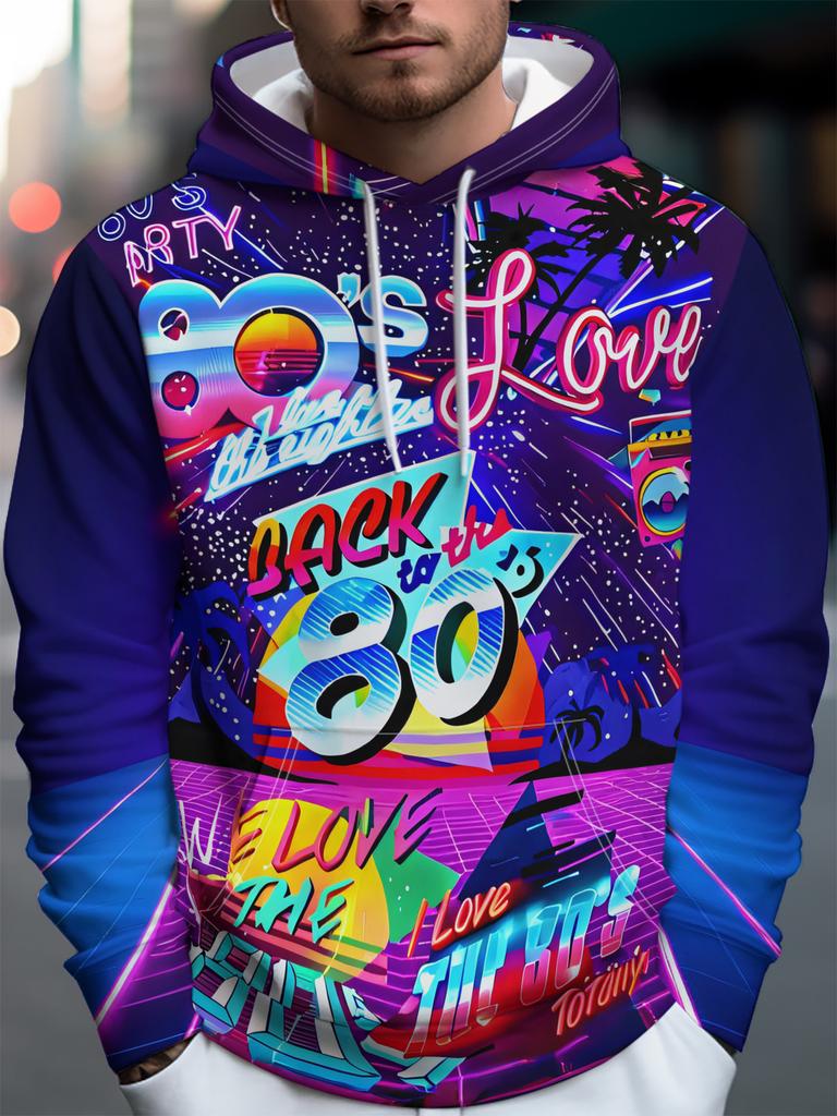 Men's hooded sweatshirt, retro party neon poster design