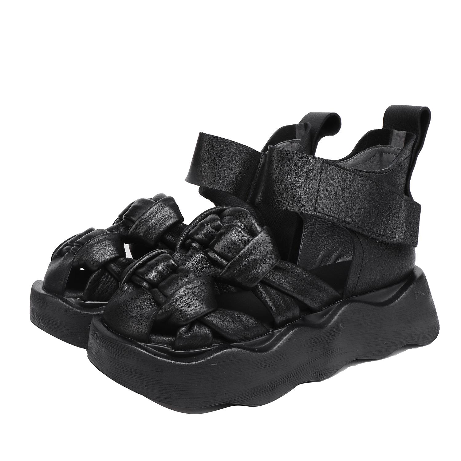 

Johnature Сандалии на толстой подошве из натуральной кожи, удобные, с мягкой подошвой и круглым носком, универсальные женские туфли на платформе 38 чёрный