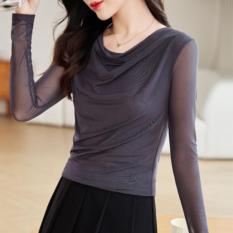 

Осенняя элегантная блузка для похудения, женская сетчатая рубашка с длинным рукавом, модная облегающая футболка с драпировкой и воротником, базовая рубашка XXXL серый