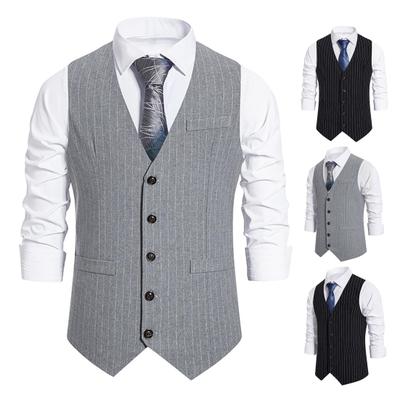 Gilet da uomo, scollo a V, senza maniche, con stampa a righe, formale, monopetto, tasche, gilet da lavoro
