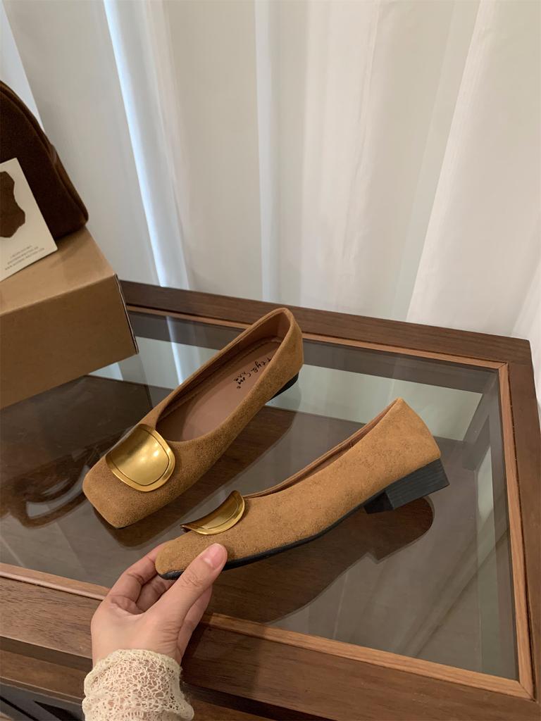 Thick heel square head retro suede single shoes women's shoes 2025 new spring and autumn soft sole not tired feet black commuter shoes