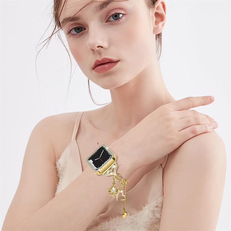 For Apple Watch Series 6/5/4/SE (2022)/SE 40mm Bracelet Watch Band Rhinestone Decor Pendant Metal Strap with PC Half Protective Frame Cover
