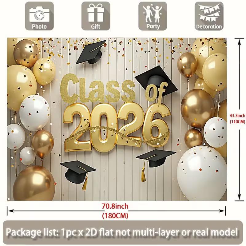 2D Class of 2026 Graduation Photography Background Cloth Gold Balloon Party Backdrop