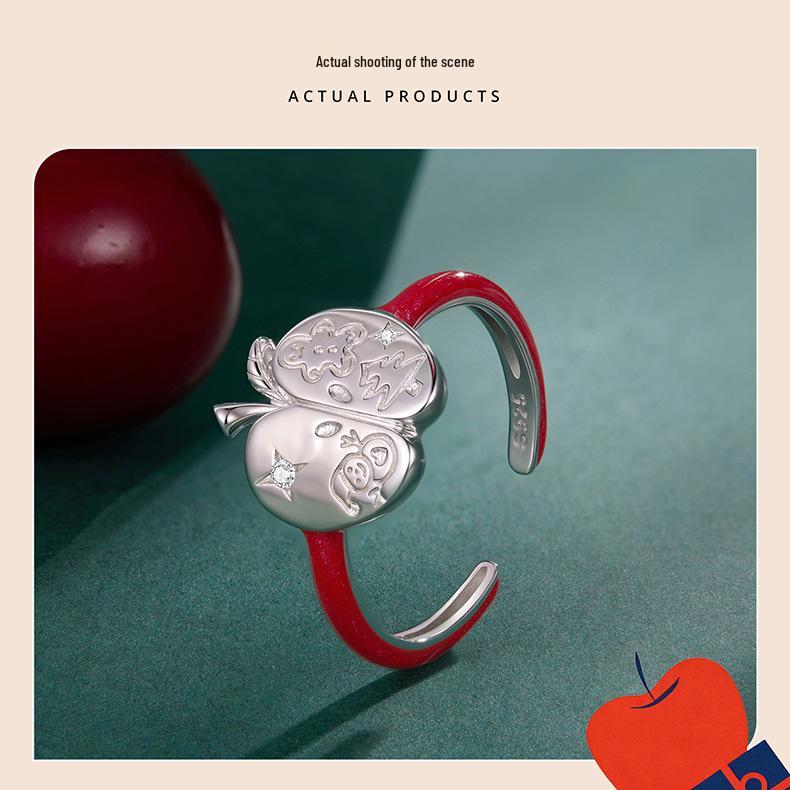 Yinziyun S925 Sterling Silver Romantic Christmas Apple Open Ring Gift