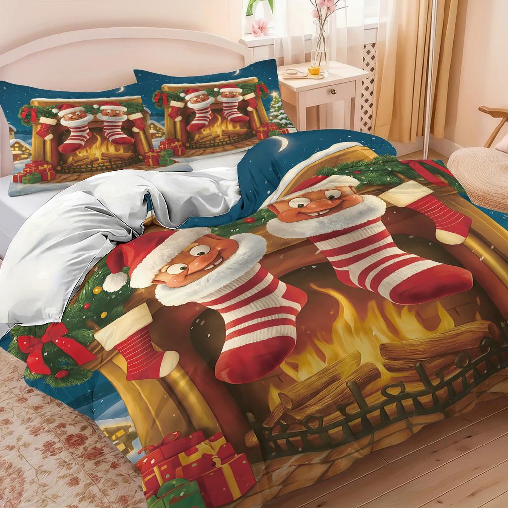 3pcs Red Christmas Stocking Printed Coreless Bedding Set Soft Comfortable for Dormitories Bedrooms with Multiple Sizes