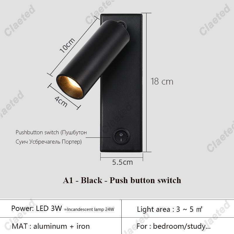 New Led Wall Lamp Sconce with Switch Black Brass Creative USB Port Reading Wall Lamp with 3W Spotlight for Bedroom Bedside