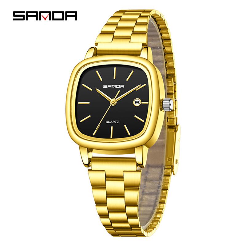 Retro Light Luxury Gold Square Watch with Large Dial and Calendar - High-Value Steel Band for Couples