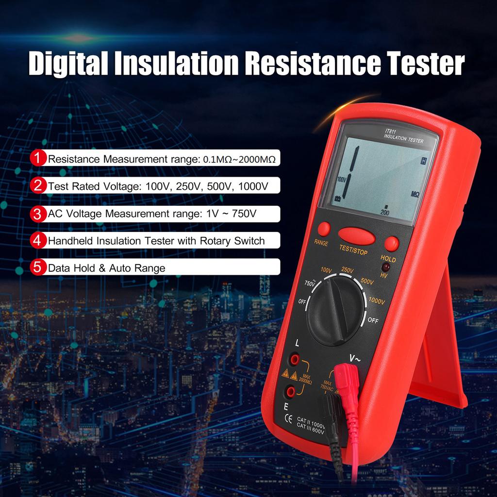 Insulation Resistance Meter Digital Ohmmeter Handheld Insulation Tester 0.1M Ohm  2000M Ohm  Auto Ranging High Accuracy