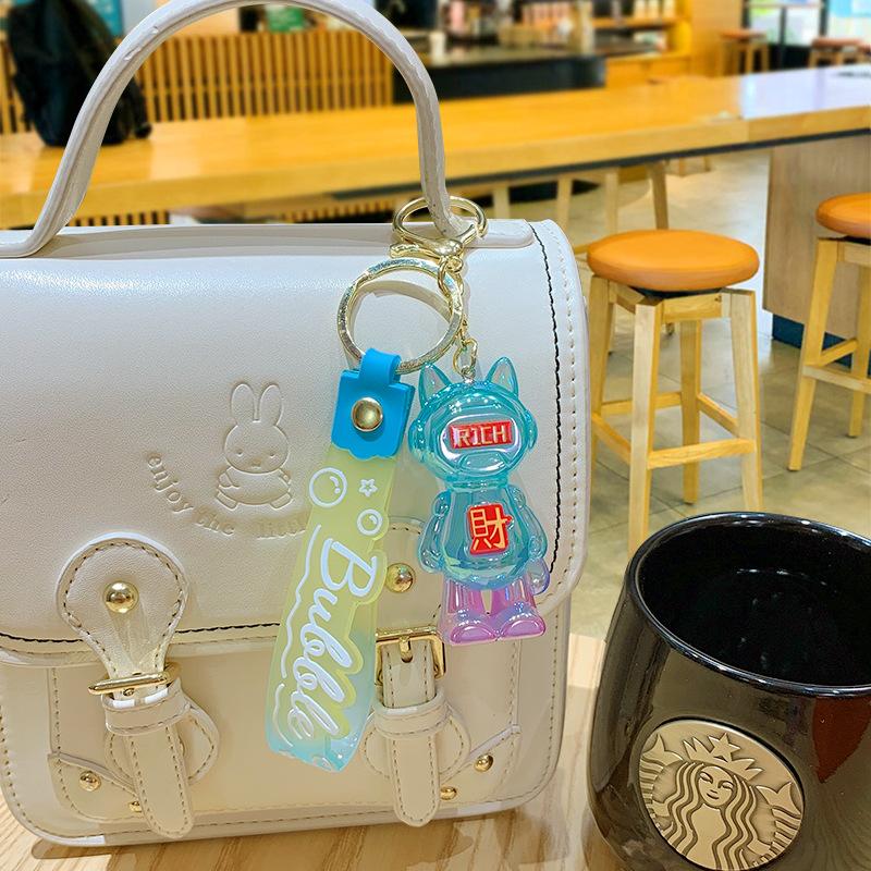 Creative Cartoon Acrylic Crystal Luminous Lucky Cat Keychain Couple Cute Schoolbag Pendant Small Gift