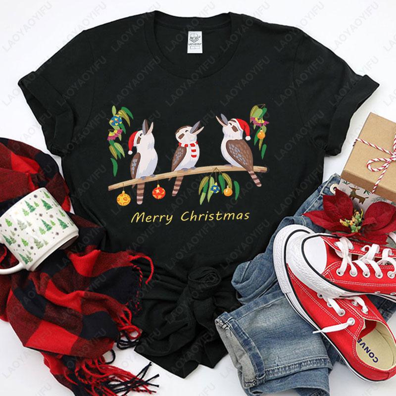 Womens Australian Kookaburra Bird Print TShirt Merry Christmas Australian Theme Tops Casual Blouse for Christmas Party Outfits