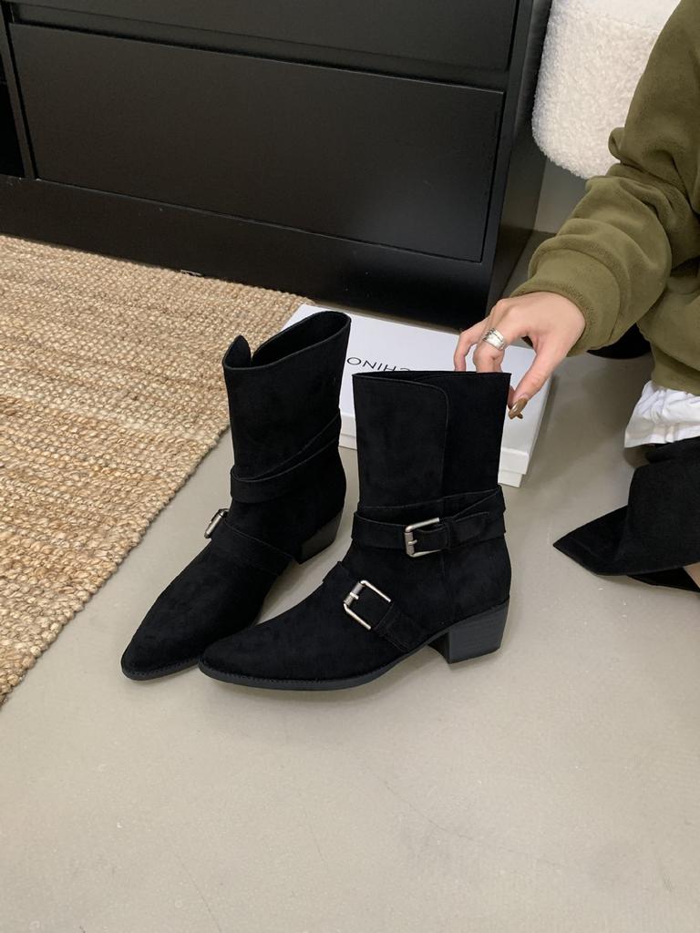 Korean Version Belt Buckle Thick Heel Folded Two Wear Short Boots Women's Autumn and Winter New Fashionable Temperament Denim Thin Short Boots
