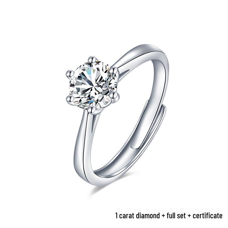 S925 Sterling Silver Moissanite Six-Prong Open Ring: Women s Versatile 1 Carat D Color Fashion Jewelry Adjustable