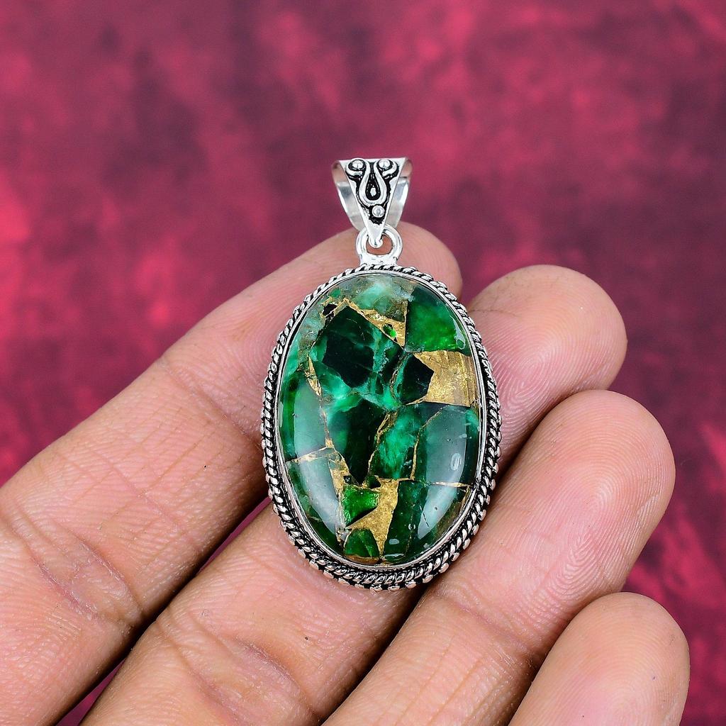 Green Copper Turquoise Pendant, 925 Solid Sterling Silver Jewelry, Gemstone Pendant, Gift For Her Handmade Dainty Jewelry
