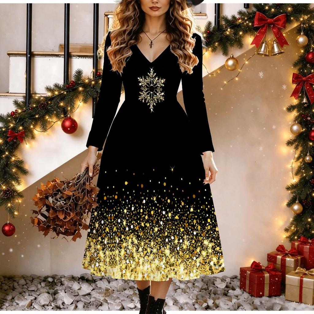 Halloween Women's Christmas Print Midi Dress A Line Dress Vacation Casual Daily Regular Fit Long Sleeve V Neck Black Spring Fall