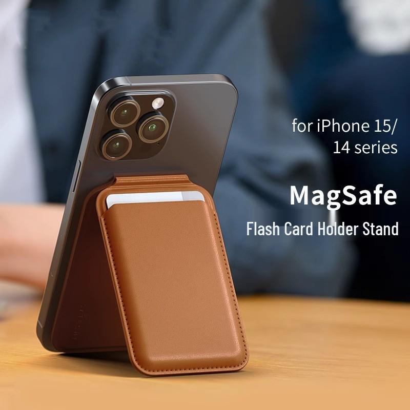 Magnetic Folding Stand & Card Holder for iPhone 17, 16, 15 with MagSafe-Compatible Leather Design