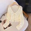 Fresh and Thin Lace-up Short Blouse Top Women's French Design Hollow Crochet Knitted Sweater
