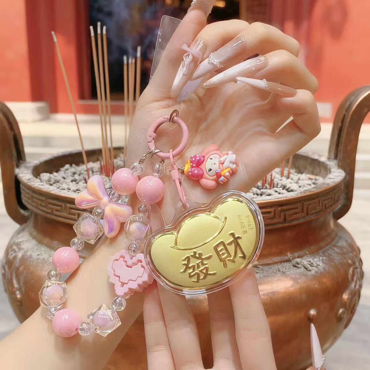 999 Pure Gold Wealth Yuanbao Bead Charm: Attract Wealth Cute Cartoon Keychain and Phone Chain. Includes Gold