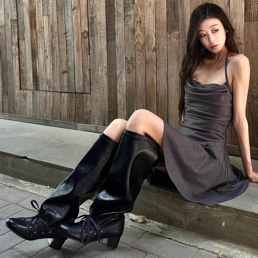 Retro strap niche design pants boots thick heel thick-soled boots women's knee pointed high knight boots