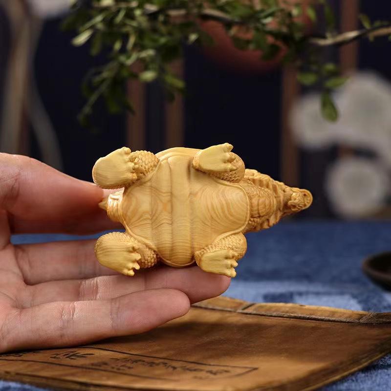 Cypress Dragon Turtle Sculptures and Figurines Chinese Mascot Solid Wood Carving Home Room Office Wealth Luck Feng Shui Decor