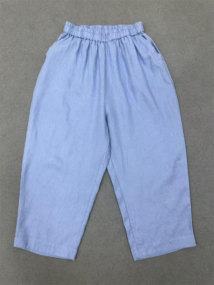 

Johnature Japanese Elastic Waist Cropped Pants Summer High Waisted Loose Versatile Harem Pants Breathable Casual Women One Size синій