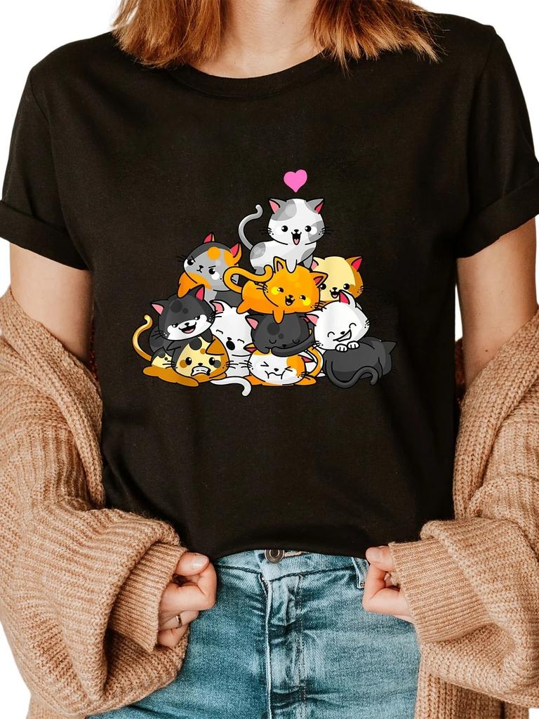 Cats Print Crew Neck TShirt Casual Short Sleeve for Spring Summer Womens Clothing Harajuku Sleeve Casual Aesthetic Clothes