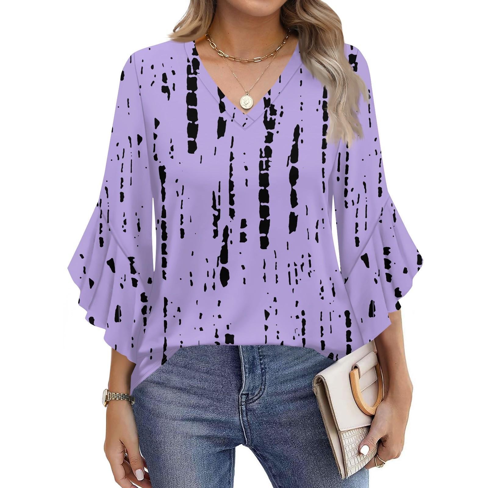 

Женская модная повседневная футболка с рукавом семь минут, винтажный узор в горошек, V-образный вырез, расклешенные рукава XXL фиолетовый