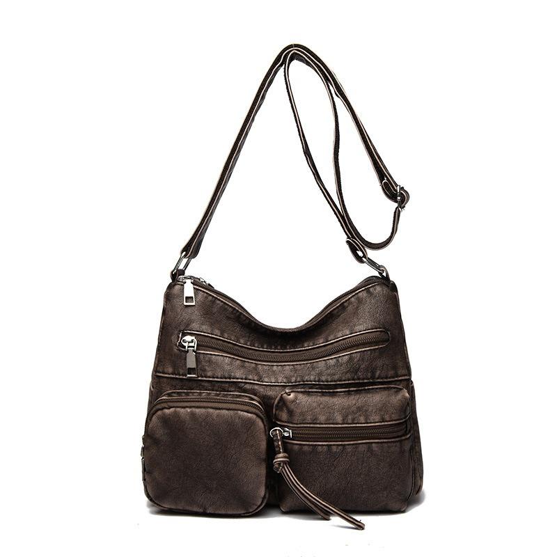 New women's bag retro fashion faded soft leather shoulder bag trendy multi-pocket large-capacity messenger bag
