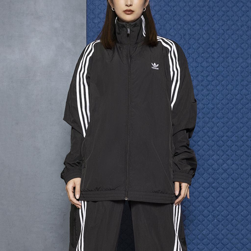 Adidas Jachetă de sport supradimensionată Originals, cu trei dungi colorblock, pentru femei, negru JJ3361