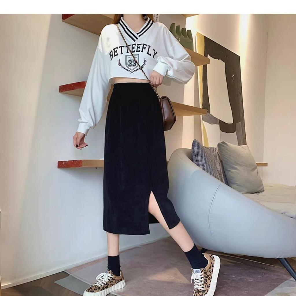 2024 Autumn/Winter Women's High-Waist Slimming Corduroy Midi A-Line Skirt - Korean Style