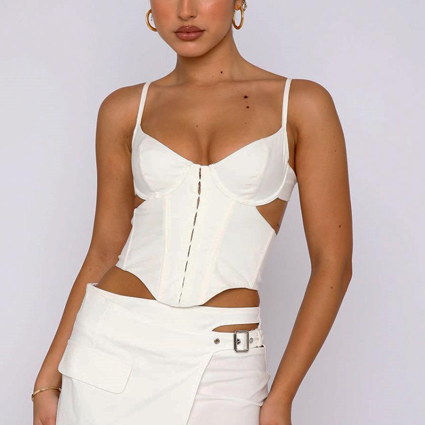 Top model, popular European and American women's clothing, sexy slim-fitting navel fish bone neck sling vest women