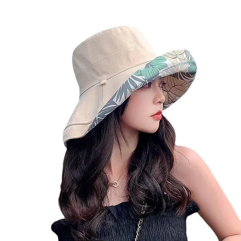 Reversible Foldable Cotton Sun Hat For Women Summer Wide Brim Uv Protection Panama Beach Bucket Hat Ladies Girls Outdoor Sea Hat