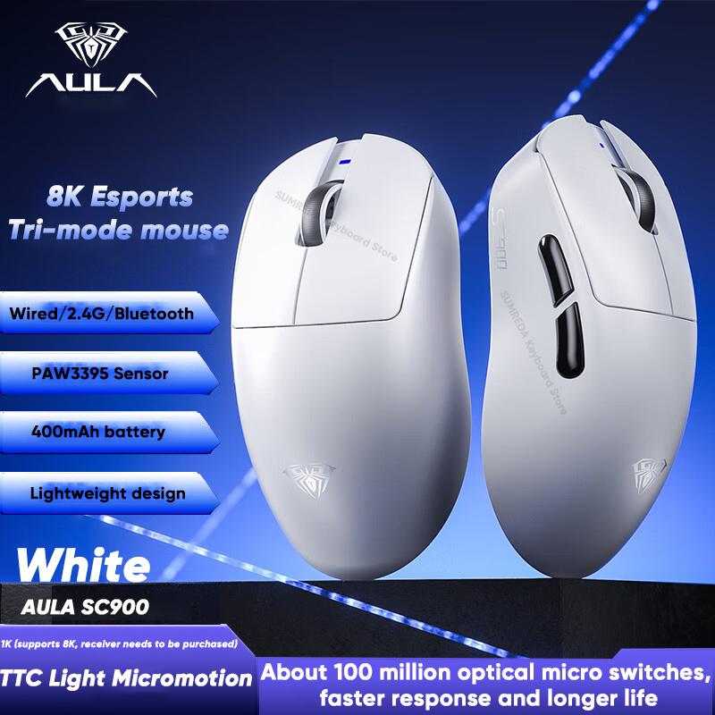 NEW AULA SC900 Tri-mode Gaming Mouse PAW3950 8K 3395 Office E-sports 2.4G Dual Lightweight Ergonomic PC Gaming Accessory