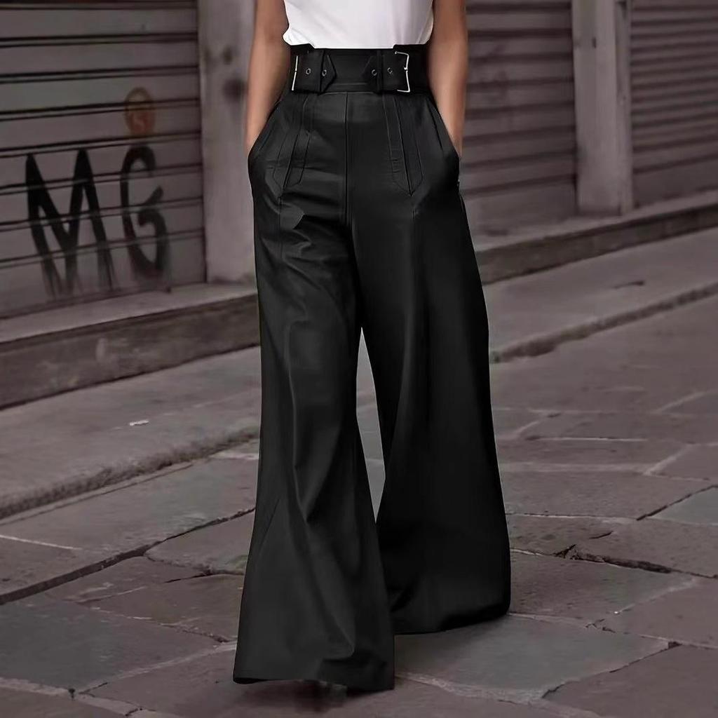 2026 High Waist Loose PU Leather Flared Pants with Pockets for Women