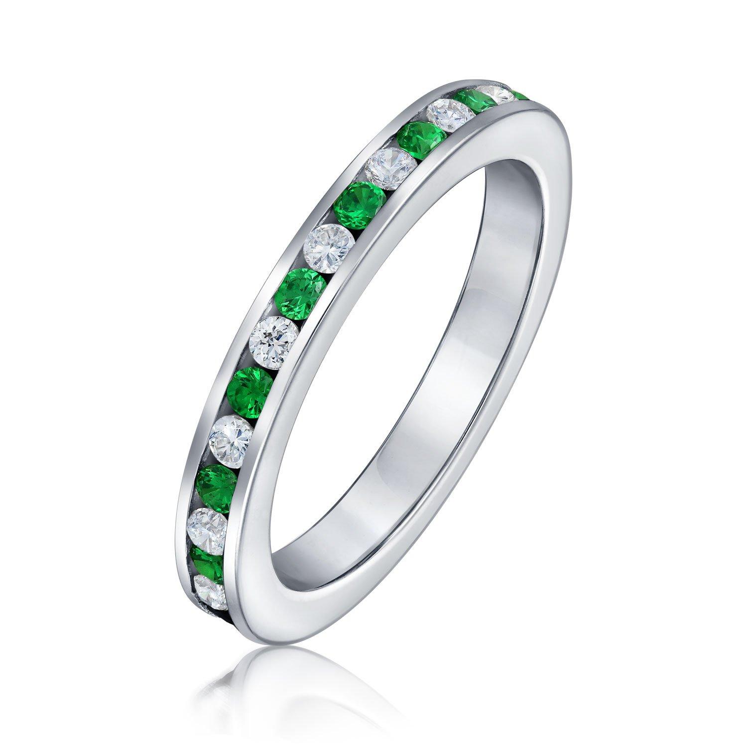 

Green White Alternating Stackable CZ Channel Set Eternity Band Ring Simulated Emerald Sterling Silver for Women Teens