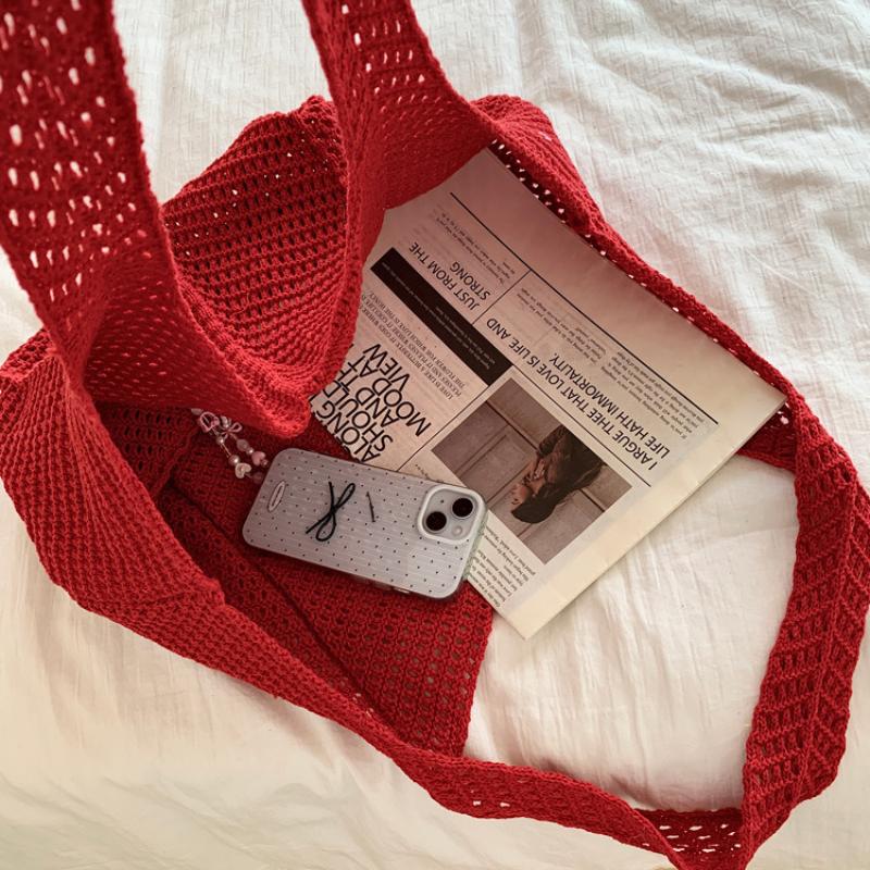 Women Crochet Tote Candy Bag Fashi Knitted Large Capacity Woven Shoulder Bags Solid Color Simple Shopping Bag for Summer Beach