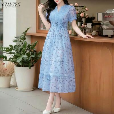 Women Lace Splice V-Neck Casual Short Sleeve Floral Dress
