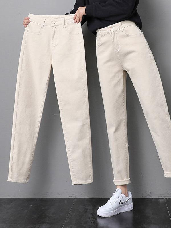 Off-White Women's High Waist Velvet-Lined Slimming Cropped Harem Jeans