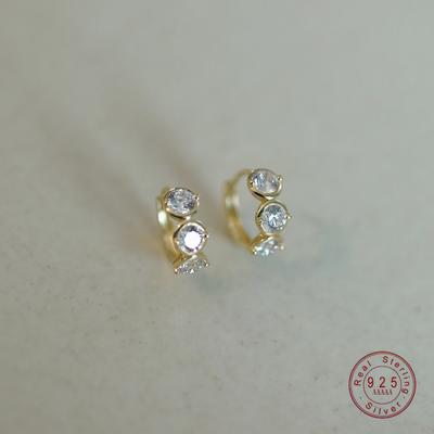 925 Sterling Silver Plated 14K Gold Fashionable Shiny Zircon Geometric Earrings for Women Exquisite Temperament Daily Jewelry