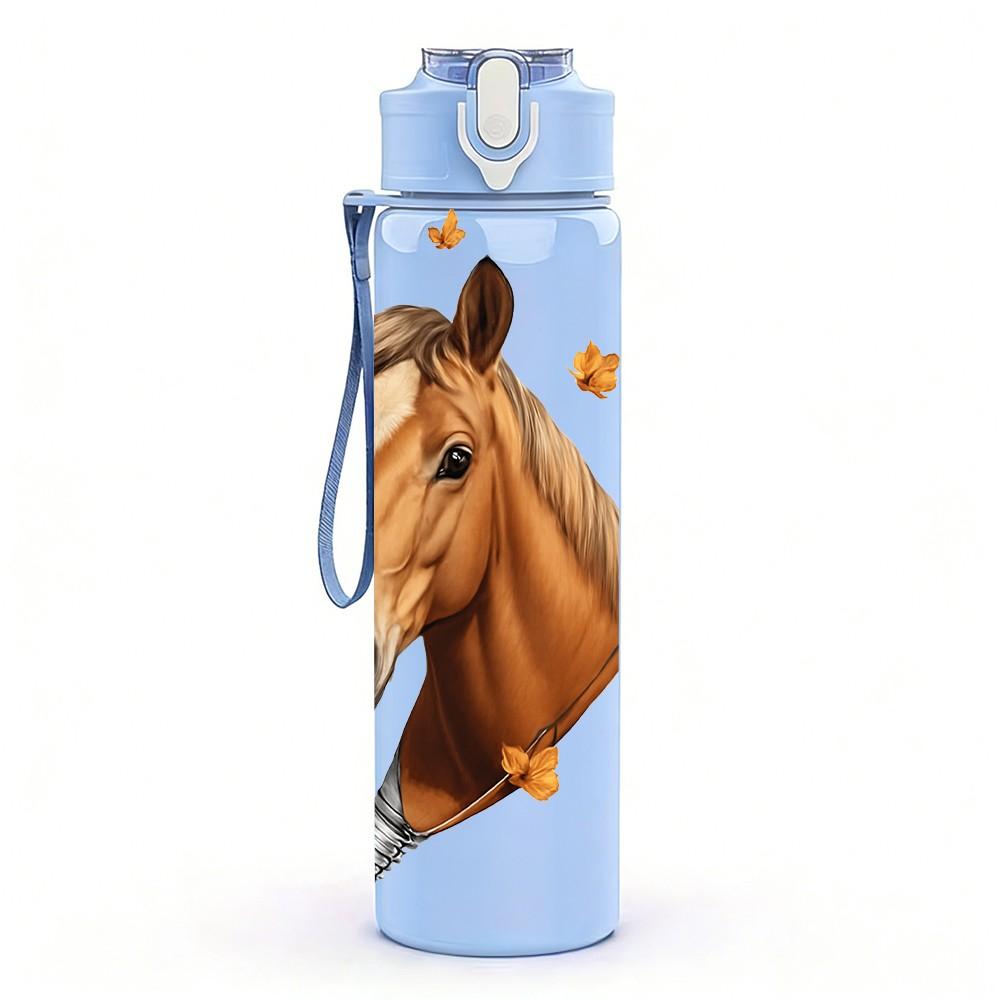 1PC Horse Head With Feather Decoration Print 750ml Color Plastic Sports Water Bottle Leakproof Flip Straw Lid Suitable for Sports Office Home Use