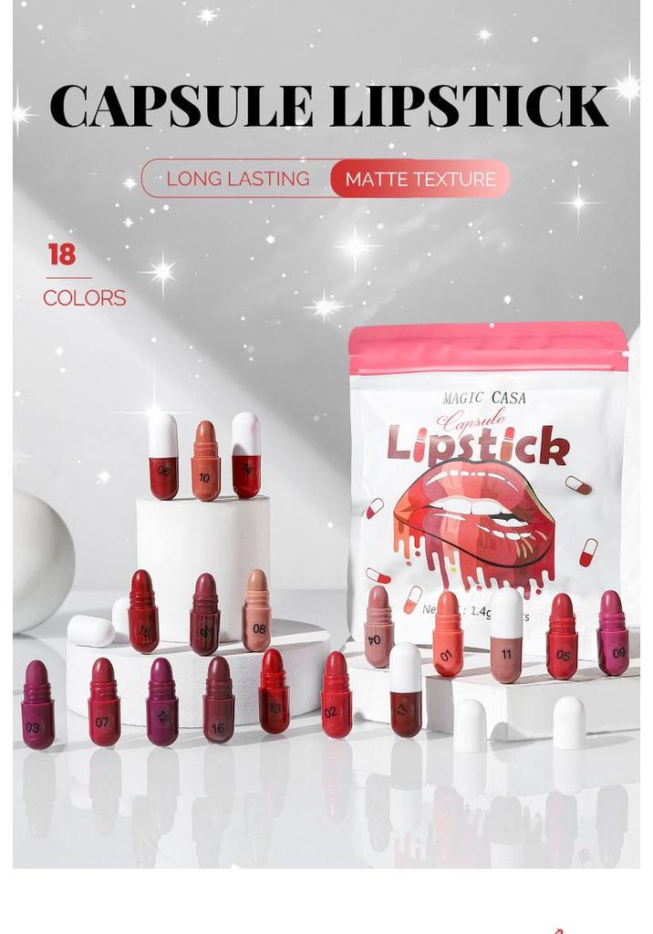 Magic Casa 18-Color Mini Matte Velvet Lipstick Set - Long-lasting & Non-transferable