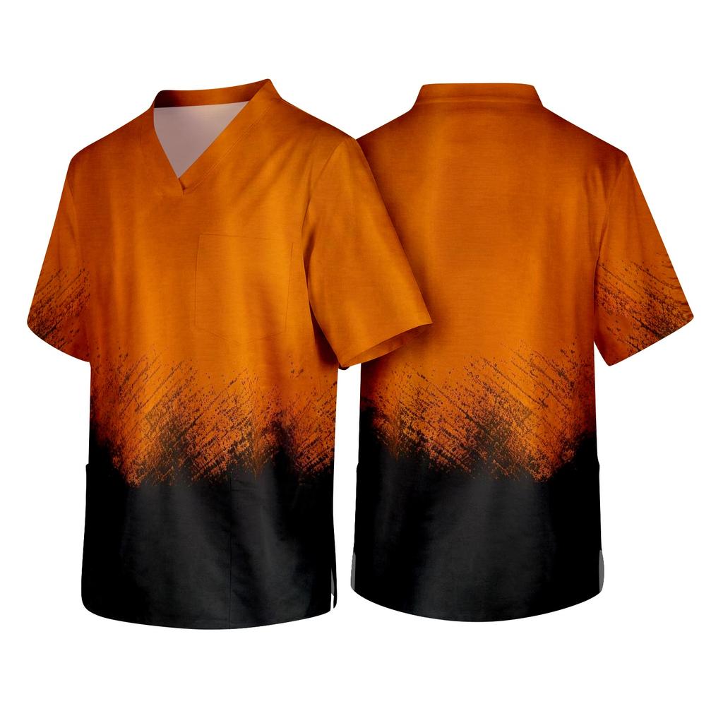 Men's Short Sleeve V Neck Halloween Print Medical Scrub Top with Chest Pocket Comfortable Fit Workwear for Healthcare Professionals