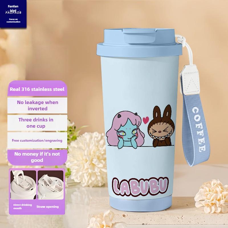 Tecknad Rostfri Stålkopp Högvärdig Termosmugg 3D Dubbel Drickstrå Kaffekopp