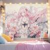 Pink Hair Anime Girl Tapestry Wall Hanging Floral Bouquet Soft Pastel Romantic Aesthetic Wall Art Bedroom Dorm Room Decor