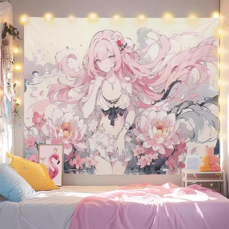 Pink Hair Anime Girl Tapestry Wall Hanging Floral Bouquet Soft Pastel Romantic Aesthetic Wall Art Bedroom Dorm Room Decor